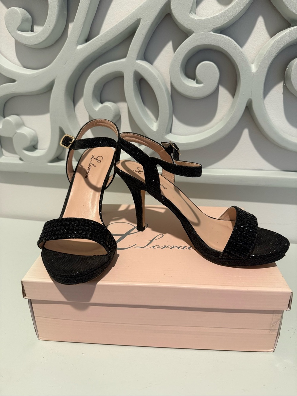 L Lorraine Black Embellished Ankle-Strap Stiletto Sandals
